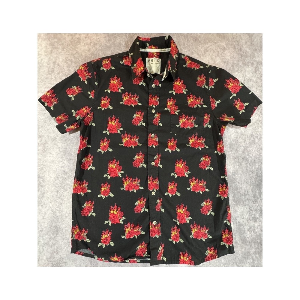 VSTR Premium Flaming Rose Print Shirt Mens Medium Black Short Sleeve Button Up